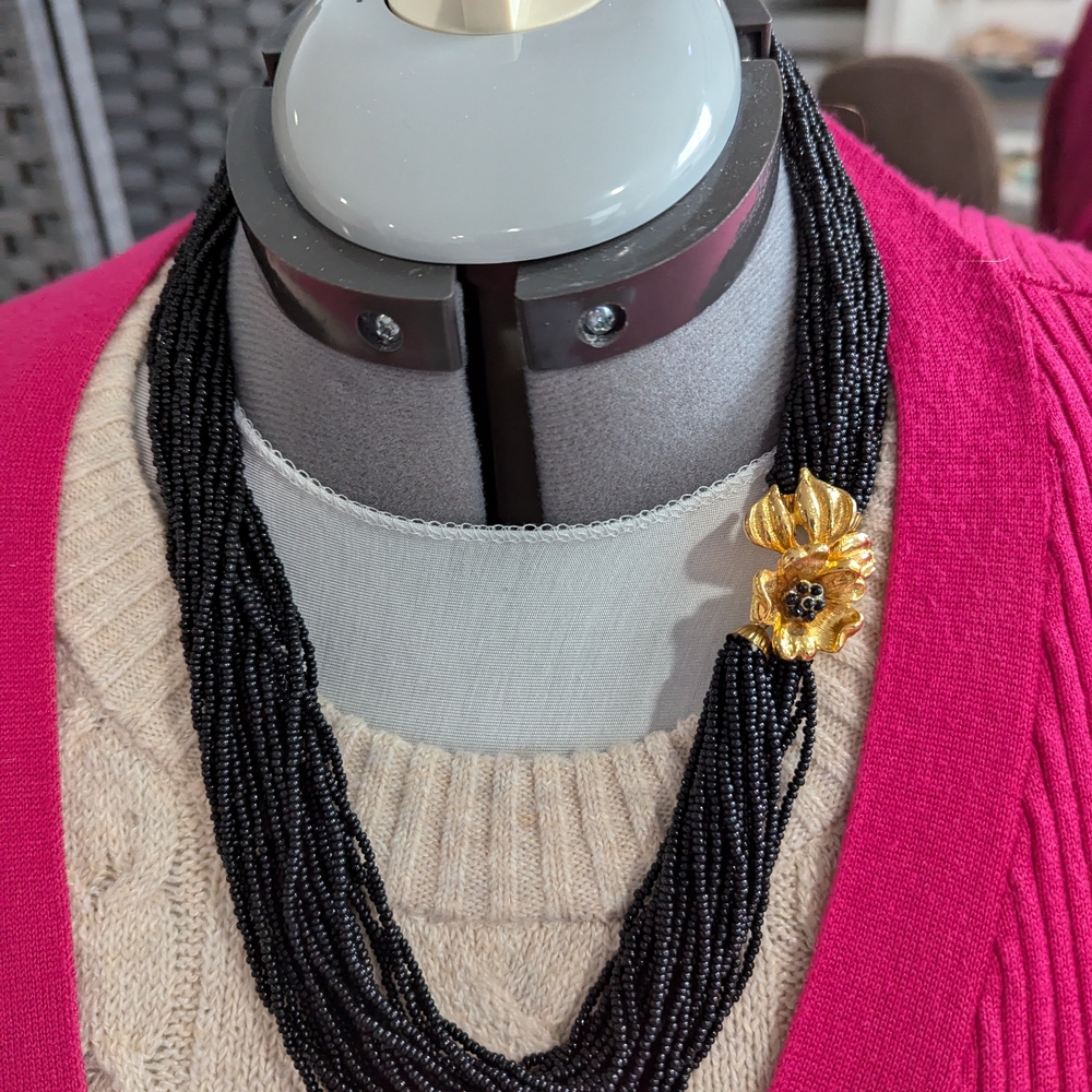 Vintage Black Beaded Necklace with Gold Floral Clasp
